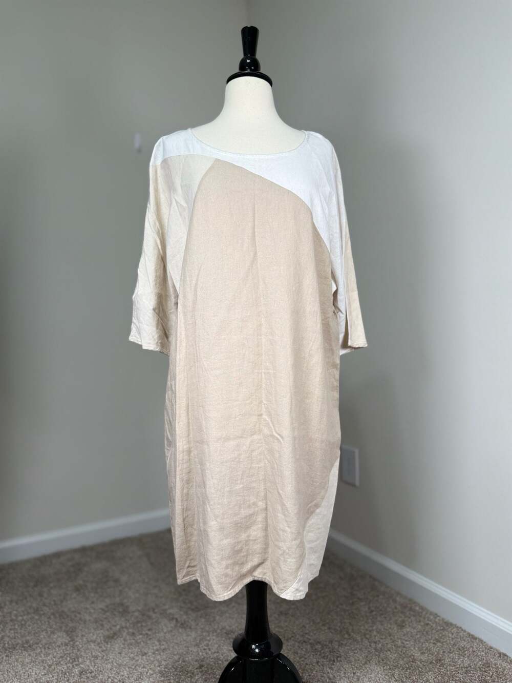 For Cynthia Linen Blend Shift Dress Midi Minimalist Beige Colorblock Relaxed
